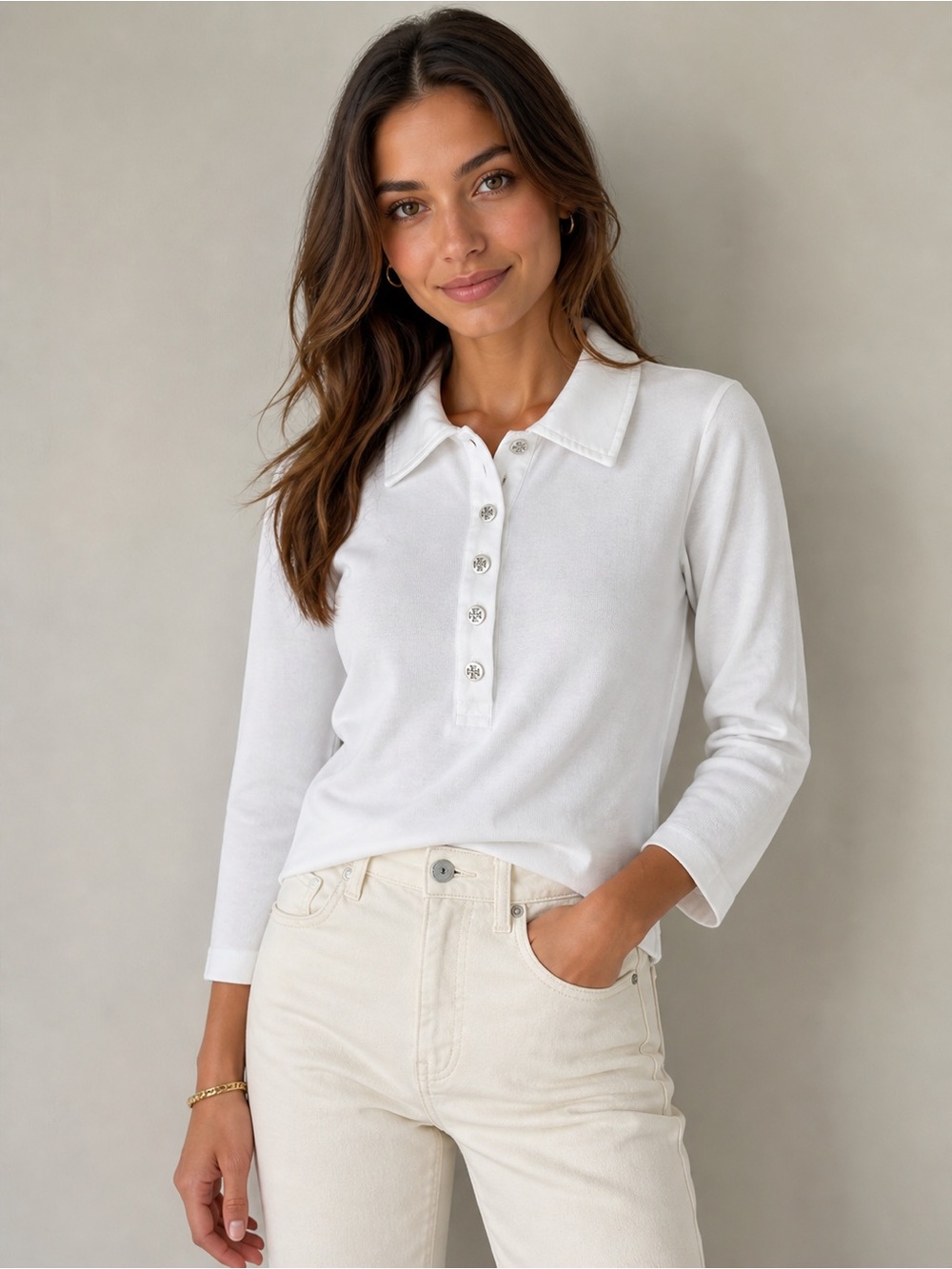 Tory Burch White Knit Polo Top Logo Buttons 3/4 Sleeve Stretch Classic Size M - Picture 11 of 11